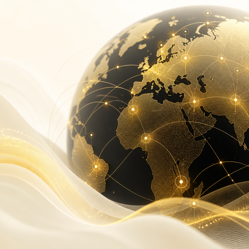 Abstract globe with interconnected routing lines representing international SEO technical architecture for language and region targeting.