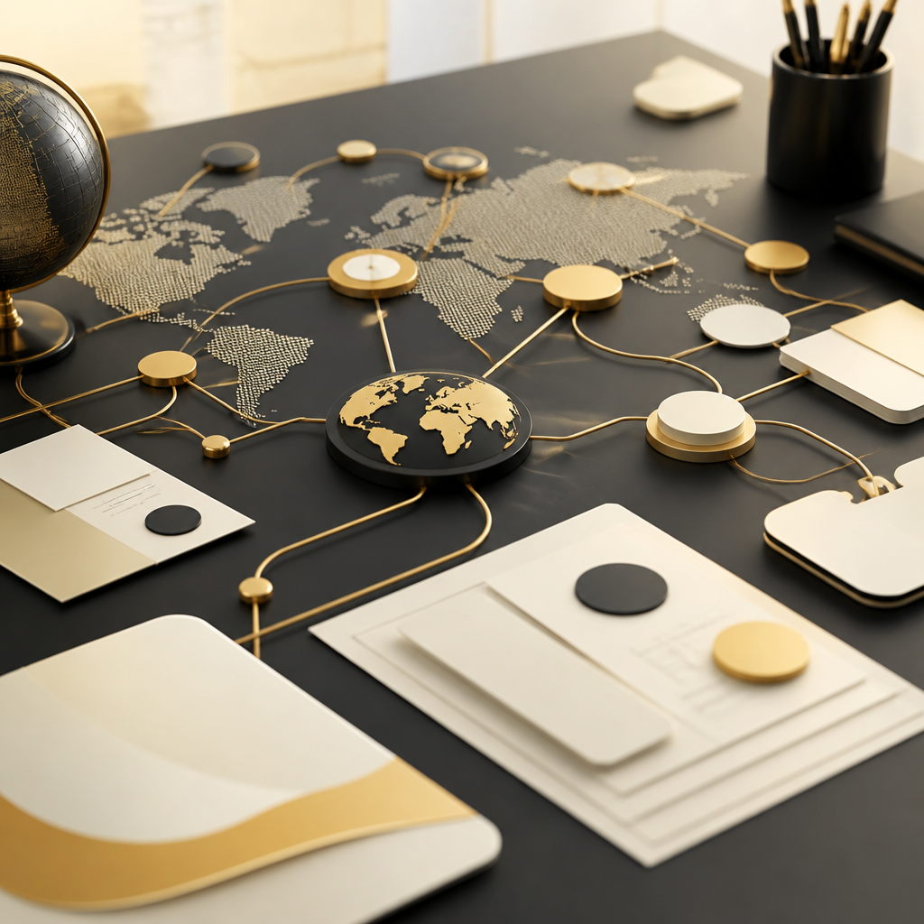 Abstract workflow diagram elements and document-like shapes representing an enterprise international SEO approach for hreflang and localization.