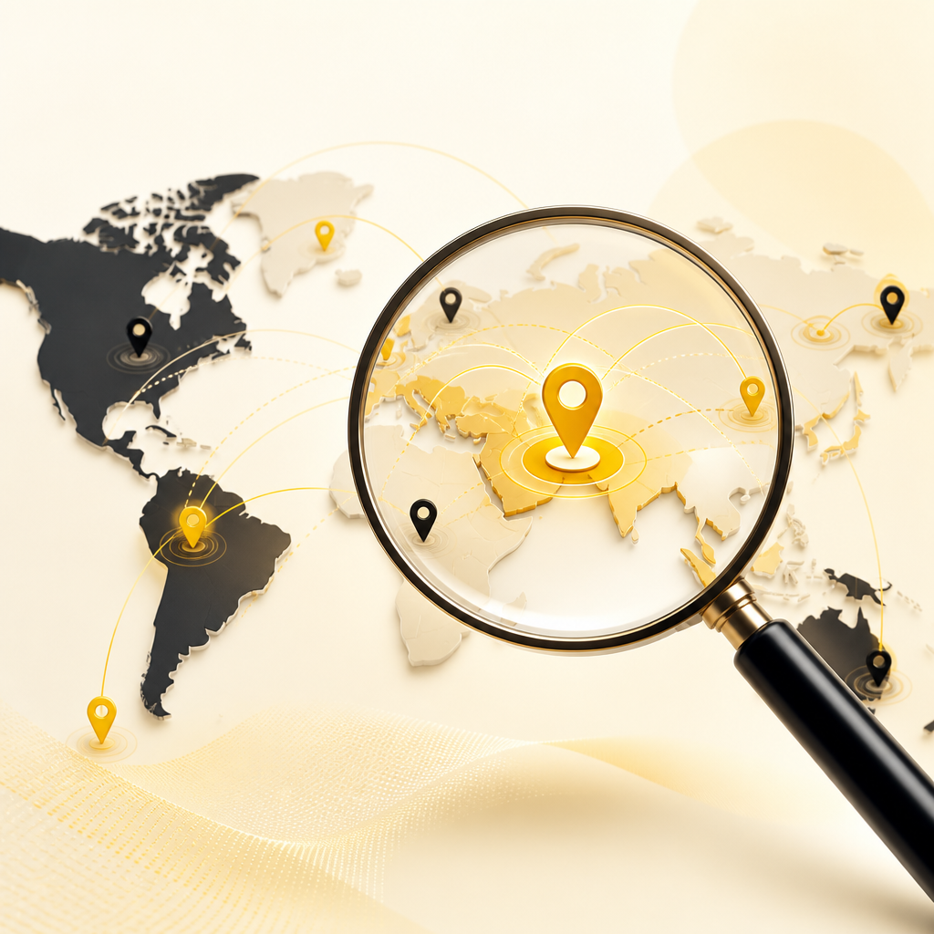 Magnifying glass over layered destination markers and intent arcs representing market-specific international keyword strategy.