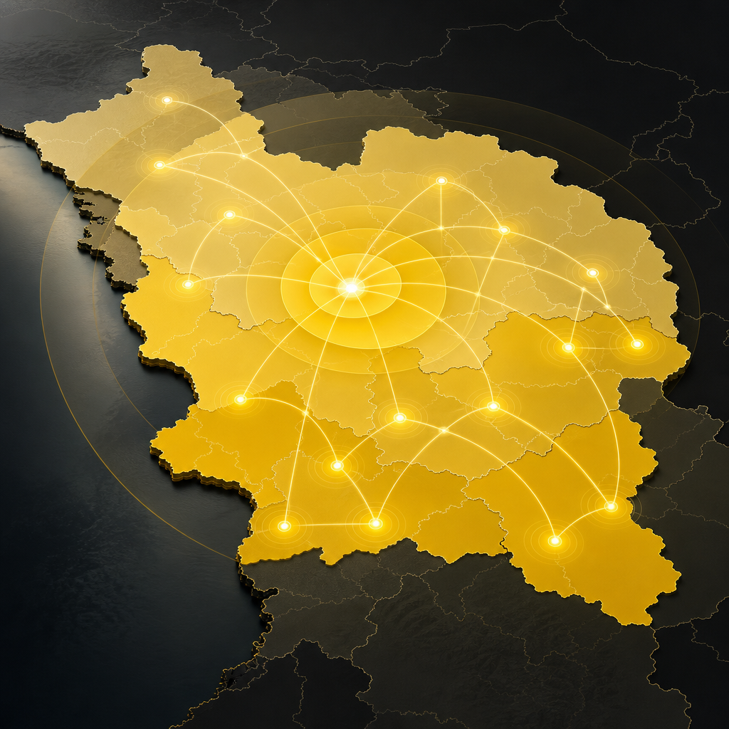 Stylized regional coverage map with highlighted service areas, connected coverage nodes, and premium editorial web styling in brand colors
