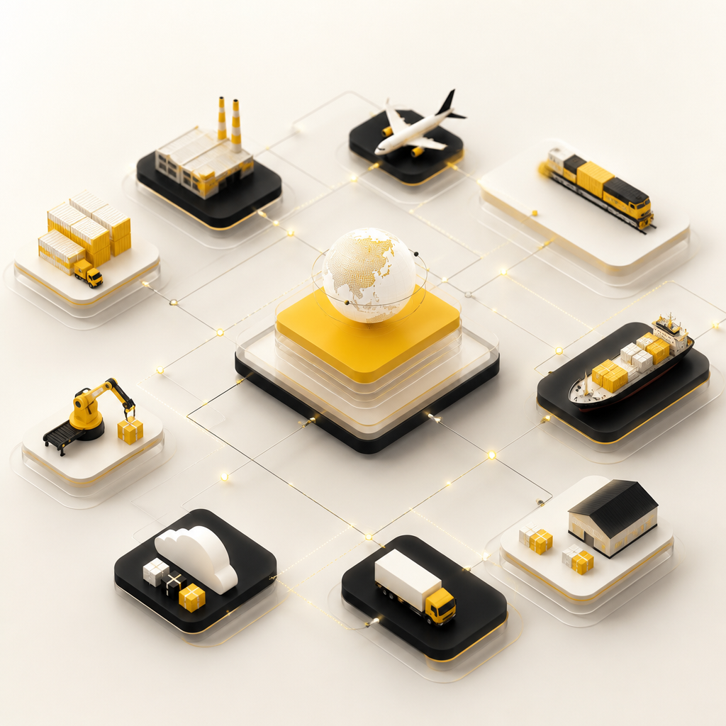 A premium wide editorial network-style web layout showing connected integration nodes and data-flow paths in warm gold and near-white tones.