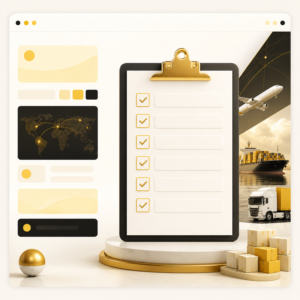 A premium wide editorial layout showing a checklist-board style structure with blank box sections and subtle gold accents for scoping logistics website work.
