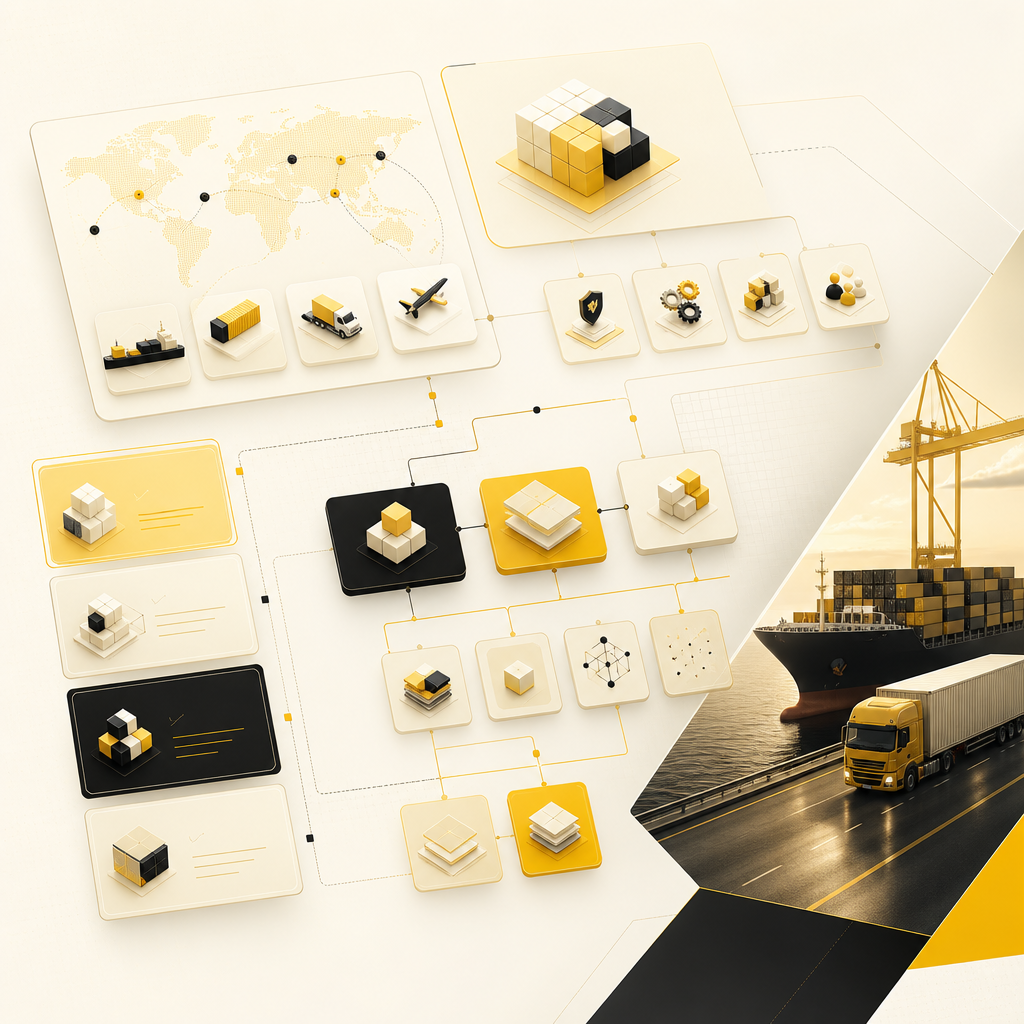 A premium wide editorial layout showing connected scope and complexity cards for logistics website planning in warm near-white tones with gold accents.