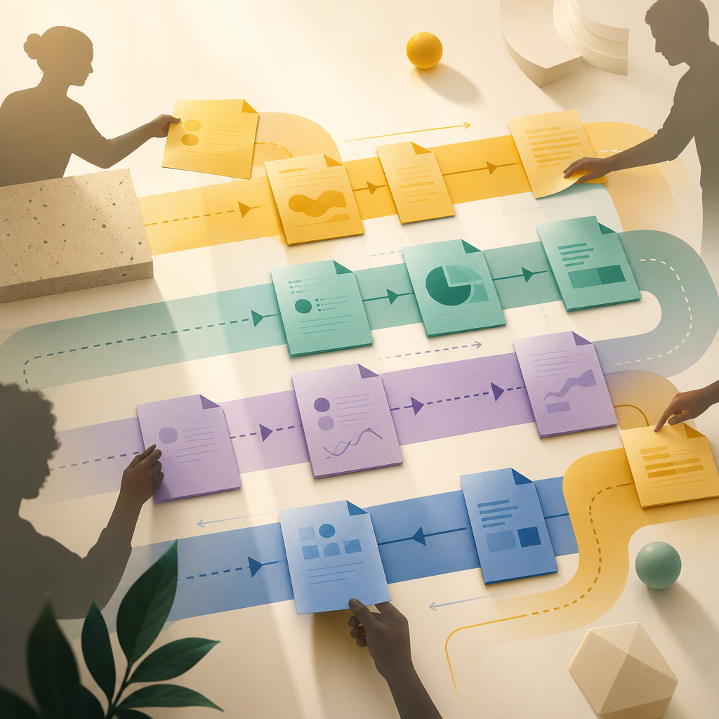 Premium editorial scene of multiple workflow documents and role-based collaboration lanes represented without any readable text.