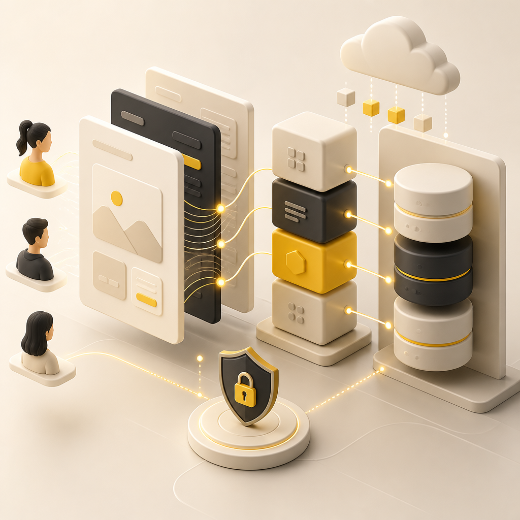 Abstract full-stack architecture showing connected front-end panels, back-end components, and API-style links in a premium web editorial scene.