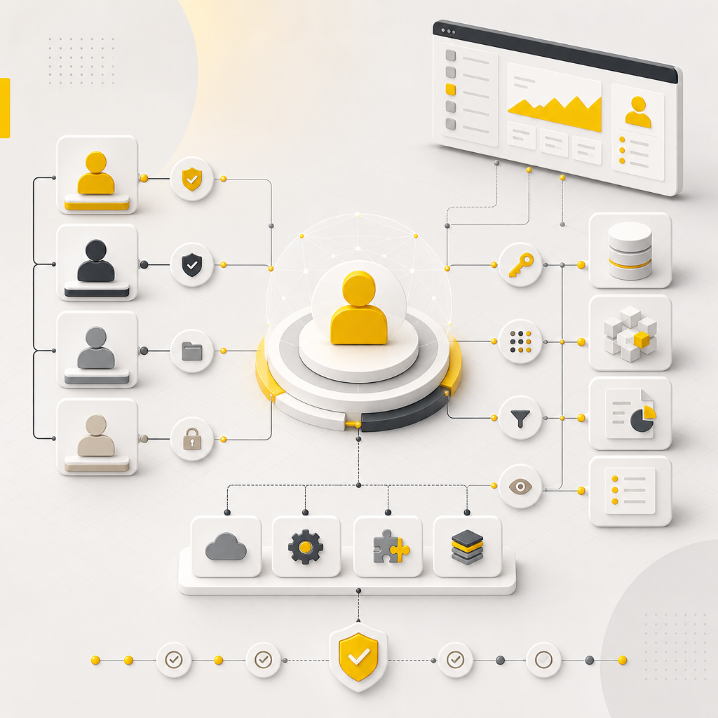 Abstract planning blueprint with connected nodes representing roles, permissions, integrations, and audit trails in a premium web editorial scene.
