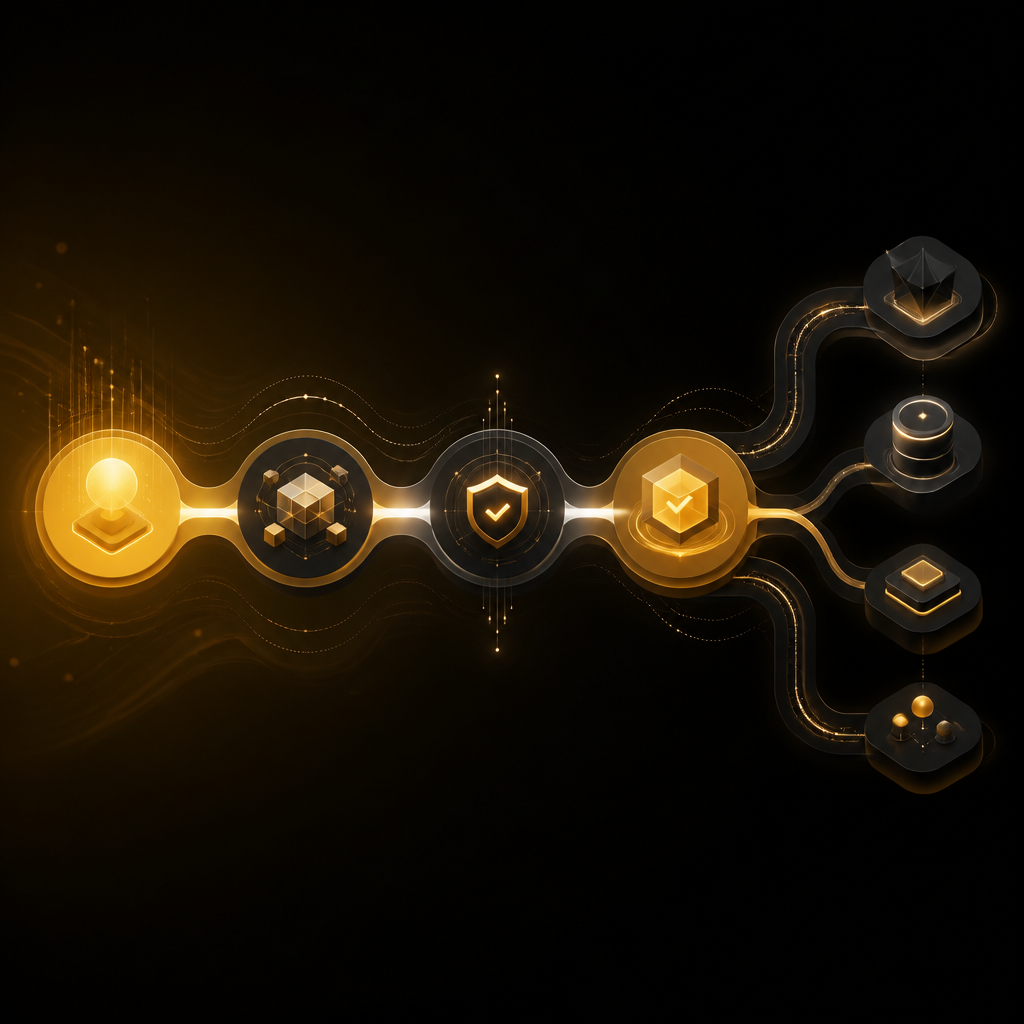 Abstract end-to-end payment pipeline with connected stages and branching downstream actions, presented in a premium editorial style.