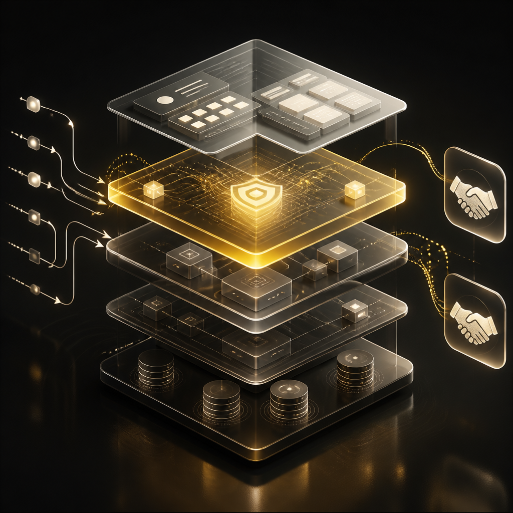 Abstract layered architecture showing secure, event-driven payment services across multiple system layers.