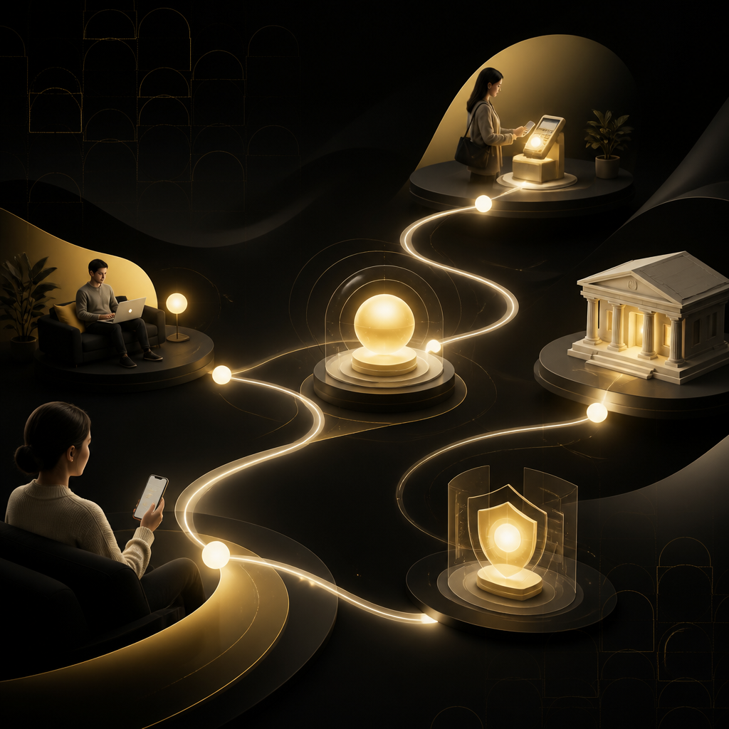 Abstract network of glowing nodes and connection paths suggesting a secure, end-to-end payment journey across customer and internal systems.