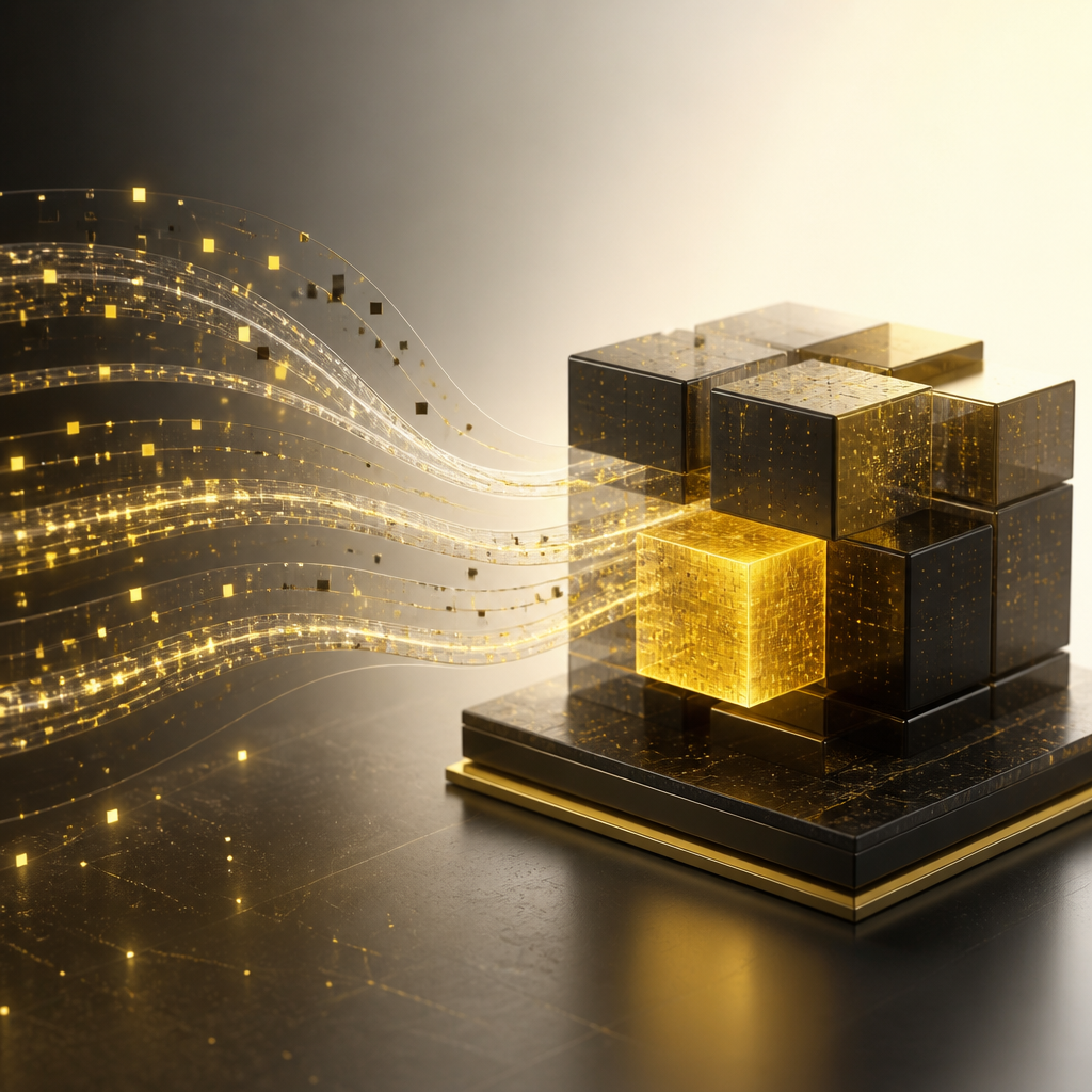 A premium wide scene illustrating protected encrypted financial data blocks moving into secure storage in SHAKIR ANSARI gold and cream tones, with no readable text or interface labels.