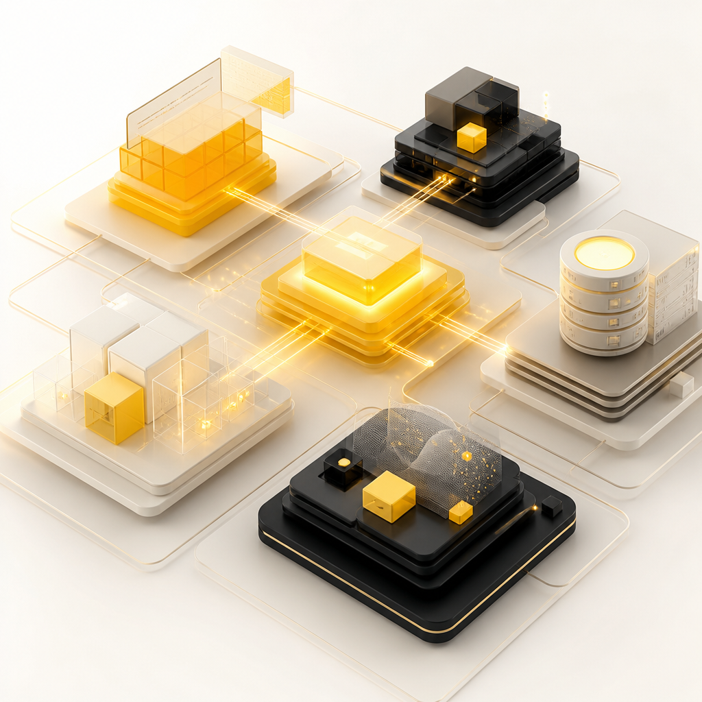 A premium wide scene showing a centralized glowing hub connecting abstract architectural layers for front end, API, database, integrations, and observability in SHAKIR ANSARI brand colors, with no readable text.
