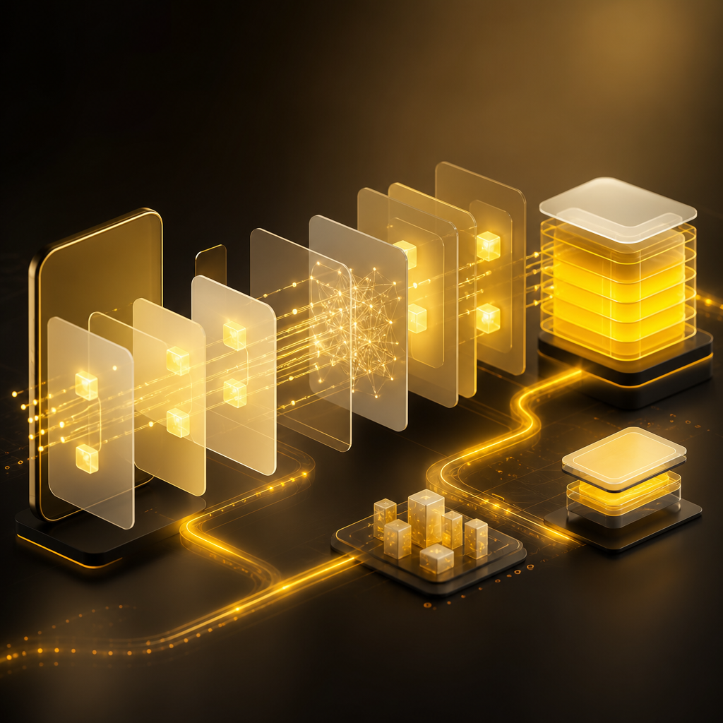 A premium wide scene showing connected full-stack software layers and secure data-flow paths in SHAKIR ANSARI gold and cream tones, presented without any readable text or interface labels.