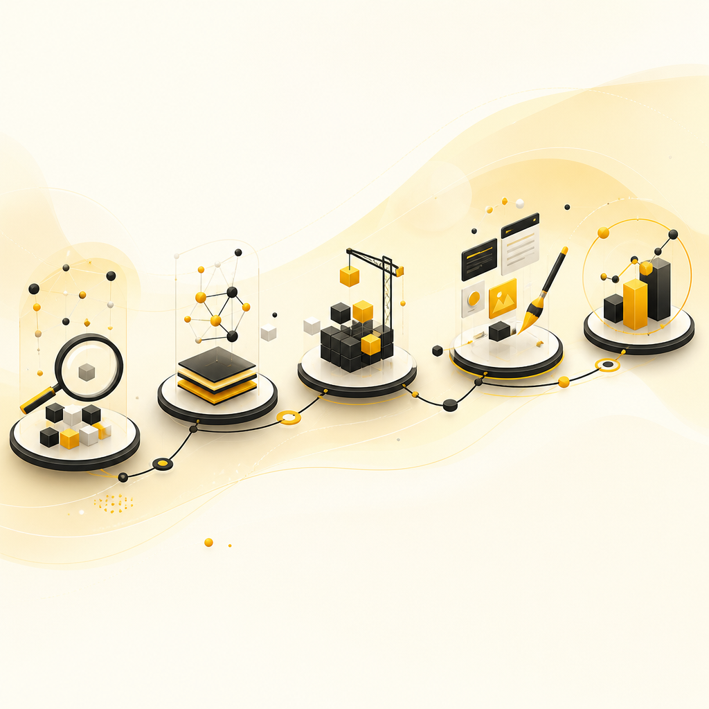 Premium editorial visualization of an engineering workflow with connected nodes representing a marketplace SEO engagement from audit to iteration in amber and near-white tones.