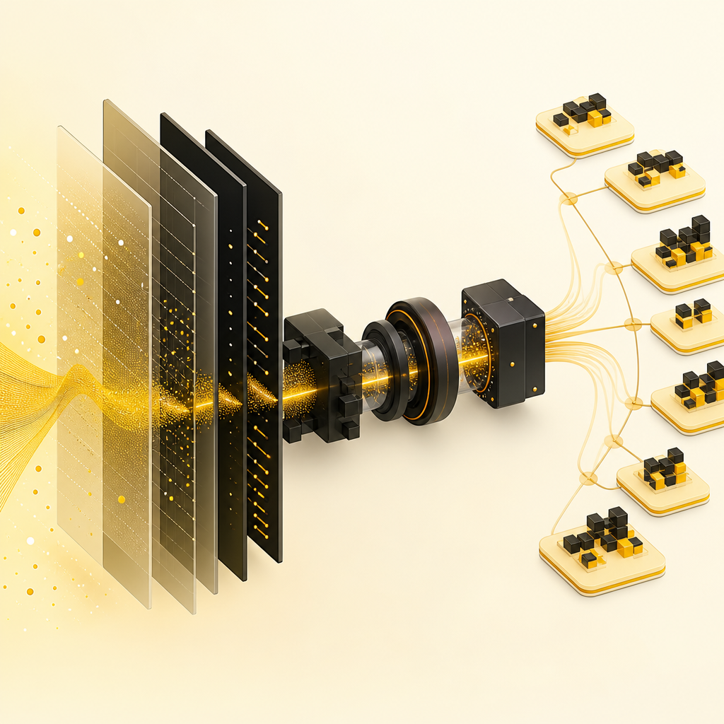 Editorial premium visualization of a technical SEO rendering and indexing pipeline with segmented components and performance stabilization metaphors in amber and near-white tones.