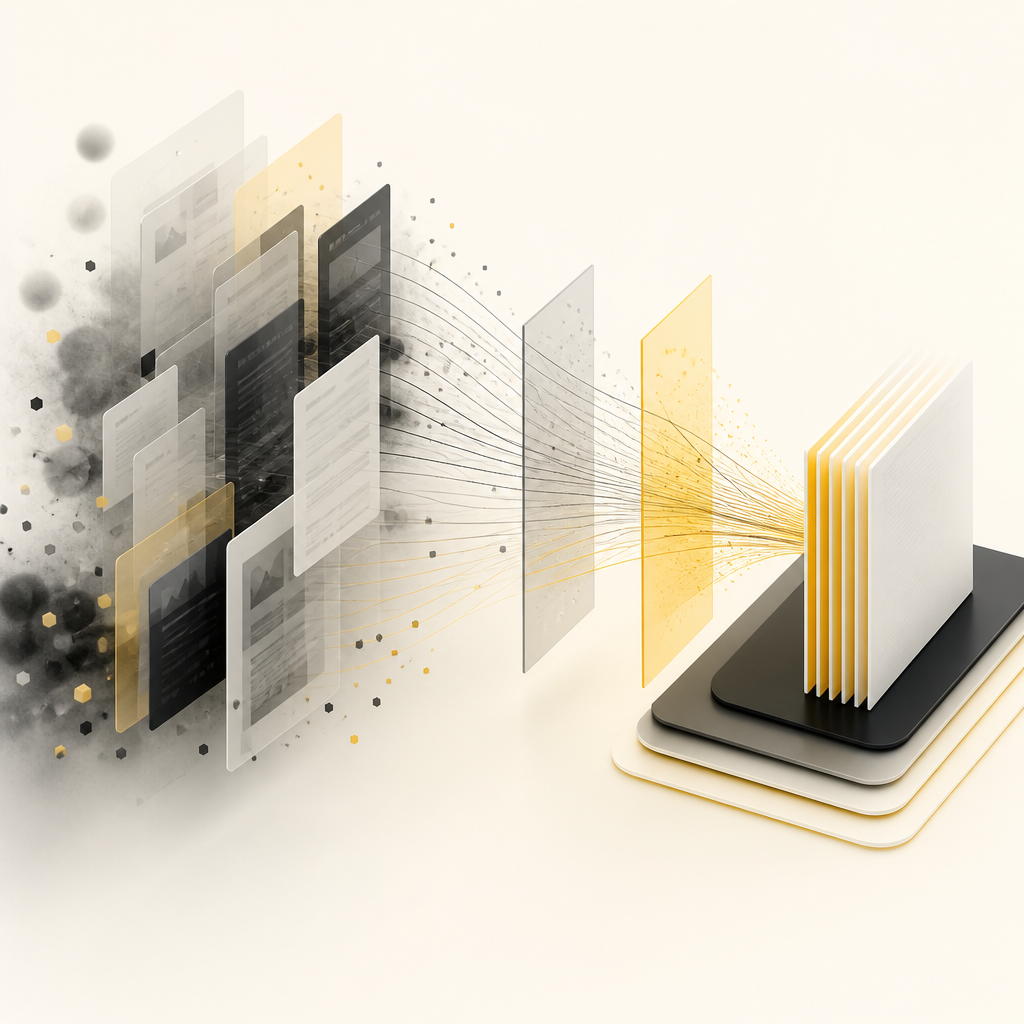 Abstract diagram-like visualization of overlapping marketplace page variants and filtered discovery paths consolidating into a cleaner indexing layer, using premium amber and near-white tones.
