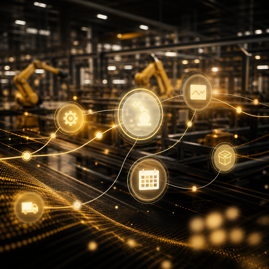 Abstract industrial automation workflow with glowing connected nodes in warm gold accents over a blurred manufacturing setting.