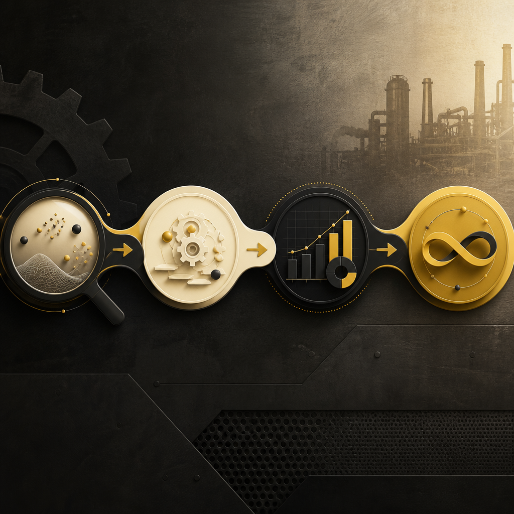 Abstract multi-stage SEO process flow with connected nodes and directional connectors in warm gold accents over an industrial texture background.