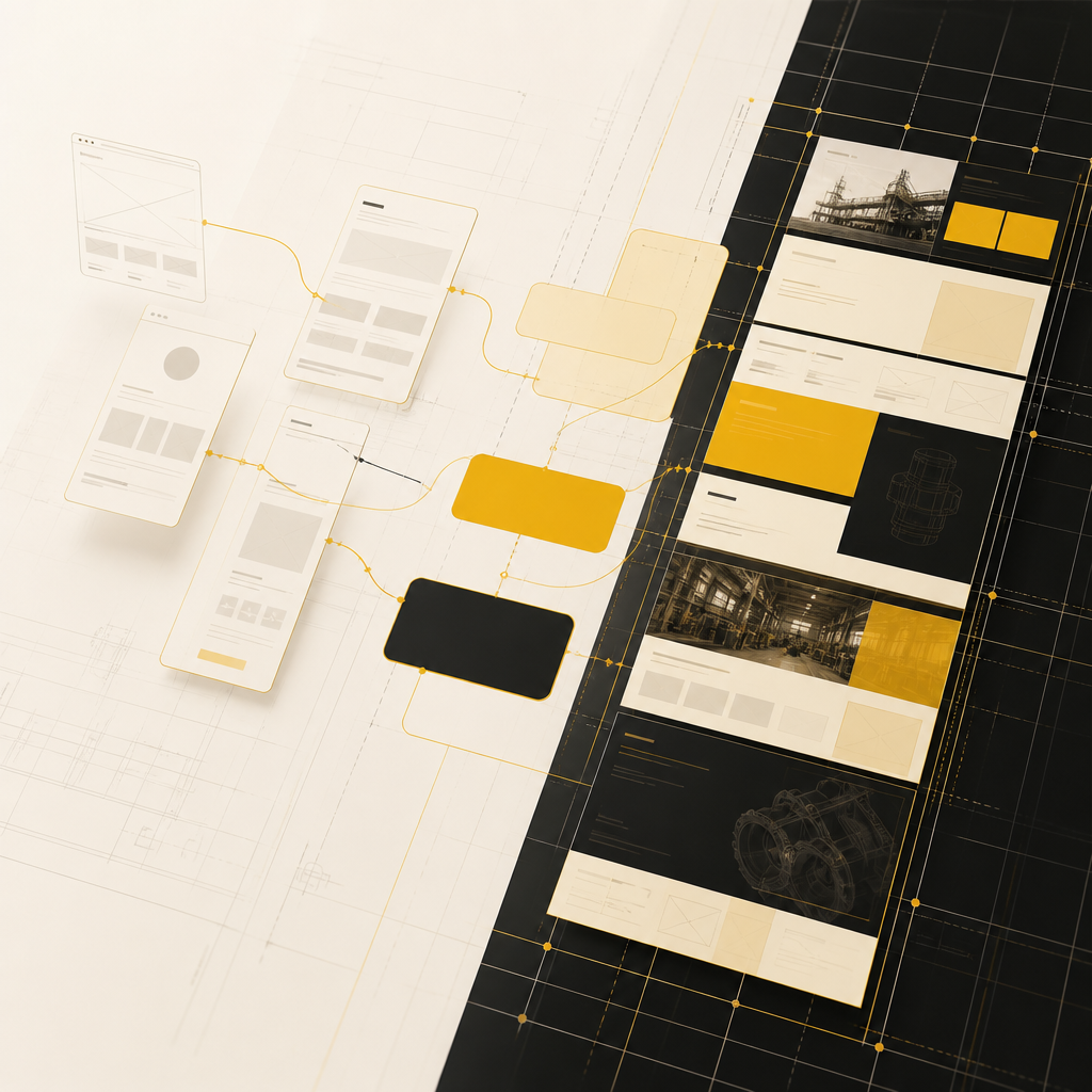 Modern scalable web template concept shown as abstract wireframe blocks and connecting pathways in warm gold and neutral tones.