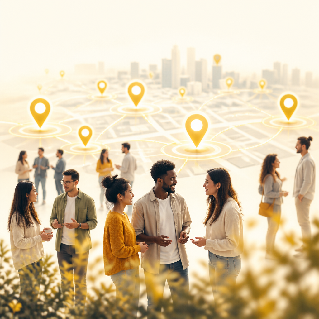 Editorial city-map scene with glowing pins and connection rings in warm gold and near-white tones, representing local community discovery.