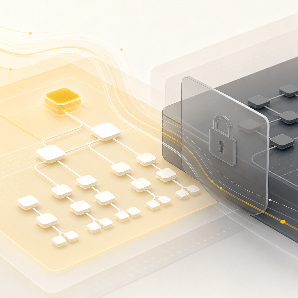 Editorial scene depicting layered website routing and protected areas with a subtle lock motif, highlighted with warm gold accents.