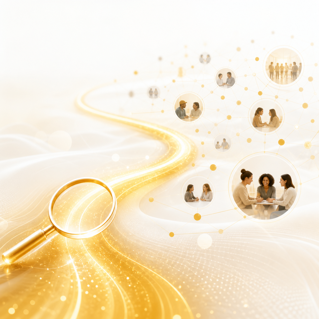 Abstract editorial scene showing a glowing discovery path with magnifying-glass shapes and connected community nodes in warm gold and near-white tones.