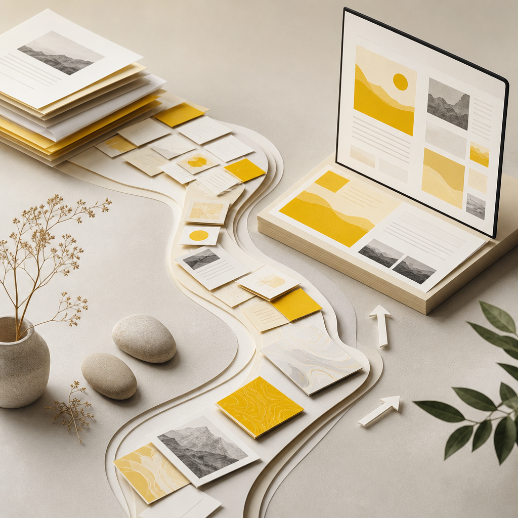 Premium editorial scene of layered content documents and connected pathway shapes in brand colors, representing mission-based content discovery without any readable text.