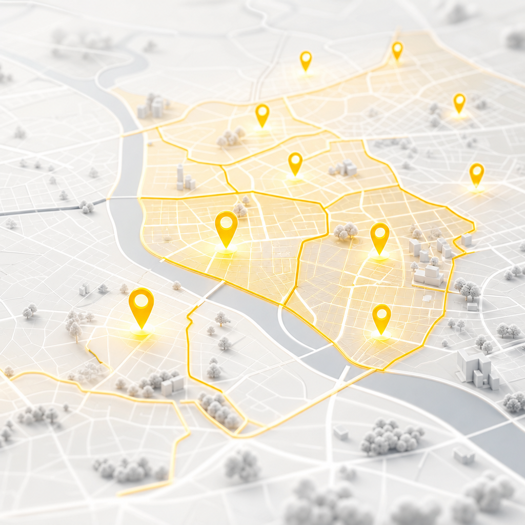 Editorial city-map concept with glowing area boundaries and pin-like markers in brand colors, visually representing local search relevance without any readable text.