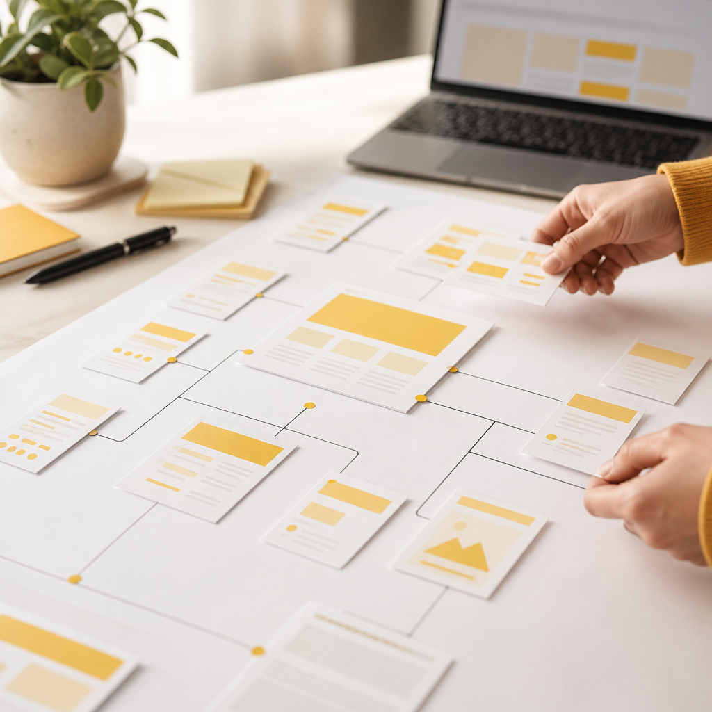 Warm-toned editorial scene representing nonprofit SEO strategy and information architecture with structured connecting lines and content blocks, without any readable text.