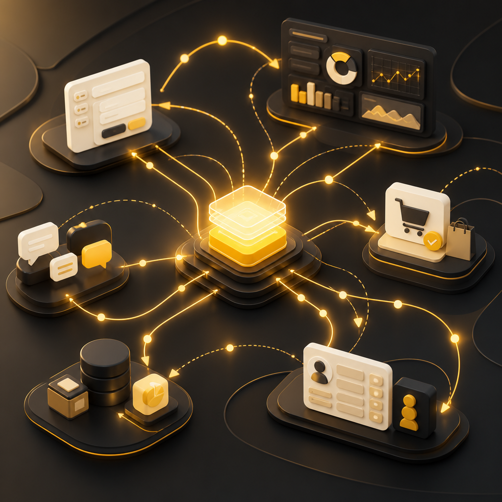 Abstract operating-system style network of connected nodes and event-flow arrows representing website integrations and automation