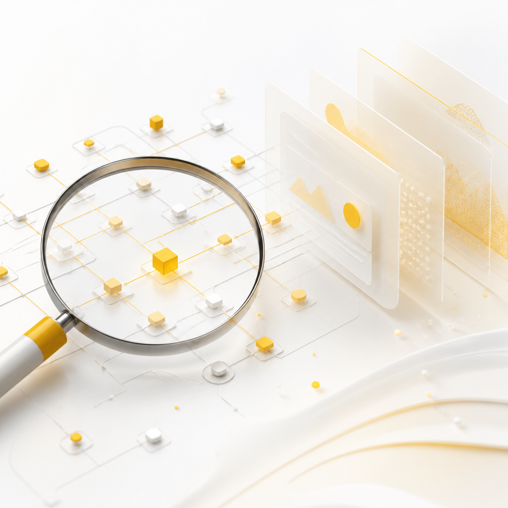 Abstract sitemap crawl network with connected nodes and layered rendering panels highlighted with warm yellow accents.