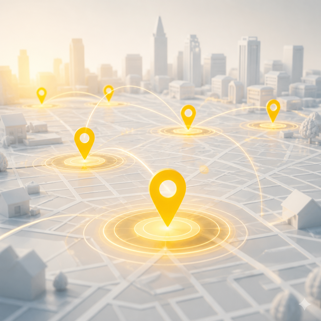 Stylized city map with glowing location pins and connected service-area rings using warm yellow accents.