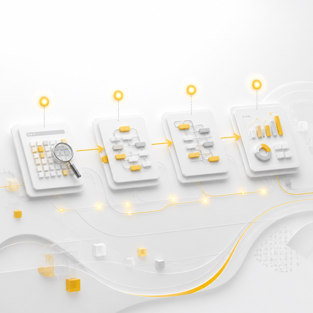 Editorial workflow diagram with connected abstract code-path blocks and roadmap flow highlighted in warm yellow accents.