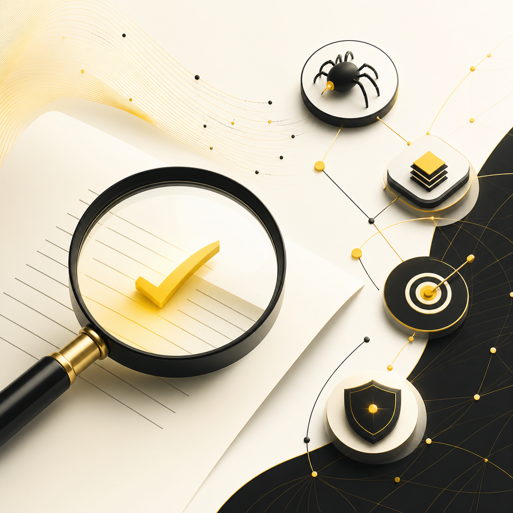Premium editorial scene suggesting a holistic SEO validation workflow with a magnifying-glass concept, abstract check shapes, and connecting lines in SHAKIR ANSARI brand colors.