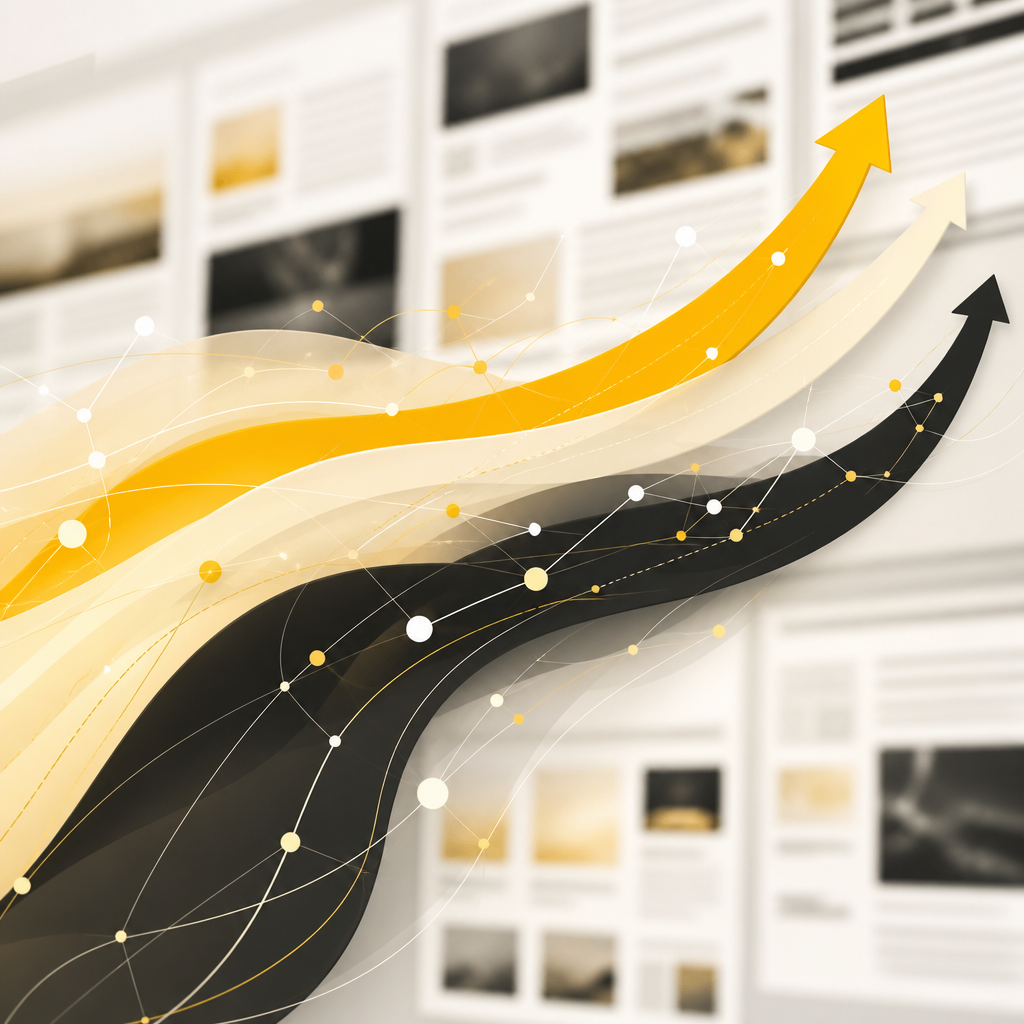 Abstract premium editorial visualization of changing website ranking signals using layered arrows, network nodes, and a blurred page layout in SHAKIR ANSARI brand colors.