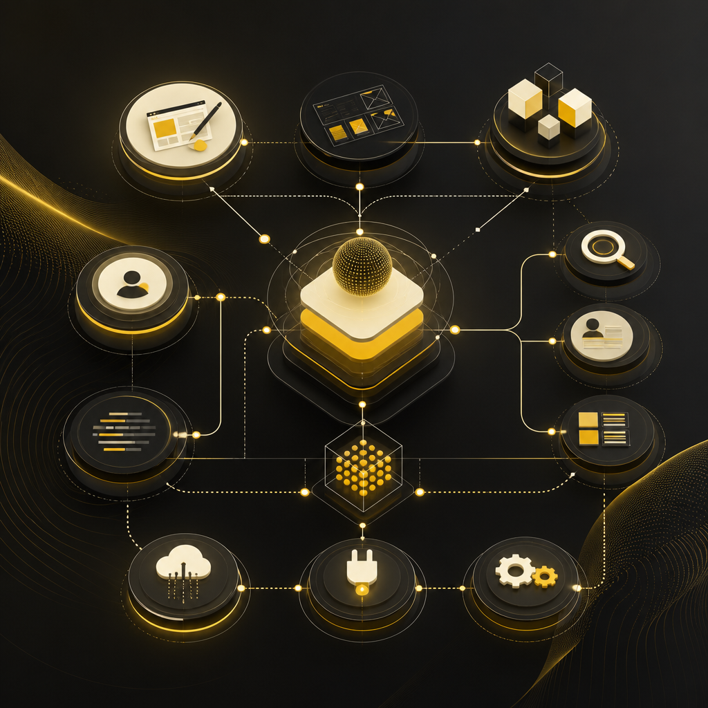 A modern, text-free architecture-style visualization of interconnected development modules and automation flows representing scalable directory platform design, APIs, and UX improvements in a warm gold and near-white palette.