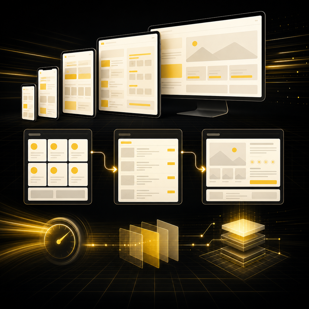 A sleek, text-free depiction of mobile-first responsive layouts and connected page templates suggesting internal linking, crawl efficiency, and scalable directory SEO in a gold and near-white palette.