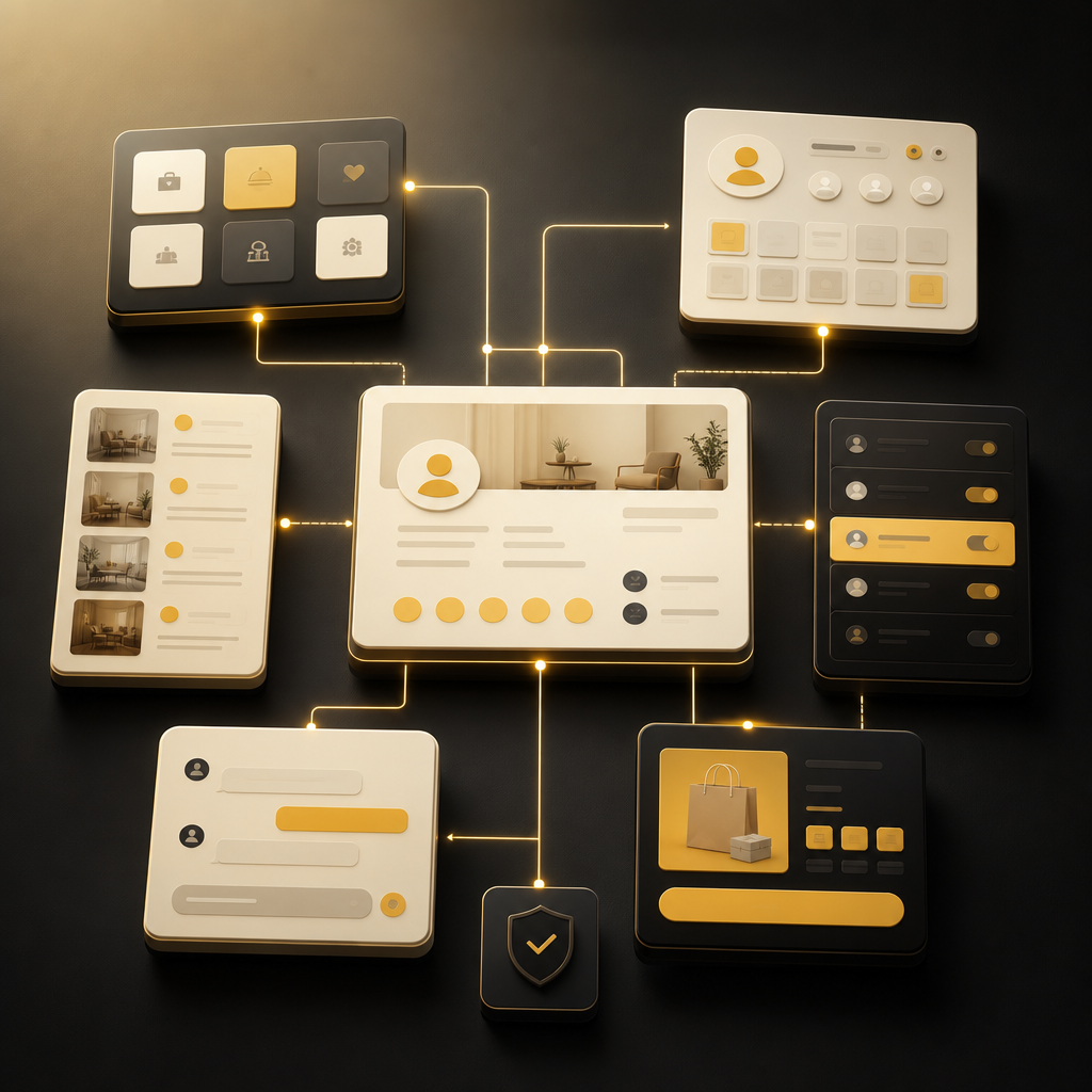 A premium, text-free visualization of connected website modules representing directory search, profiles, listings, moderation, messaging, and payment workflows in a warm gold and near-white palette.
