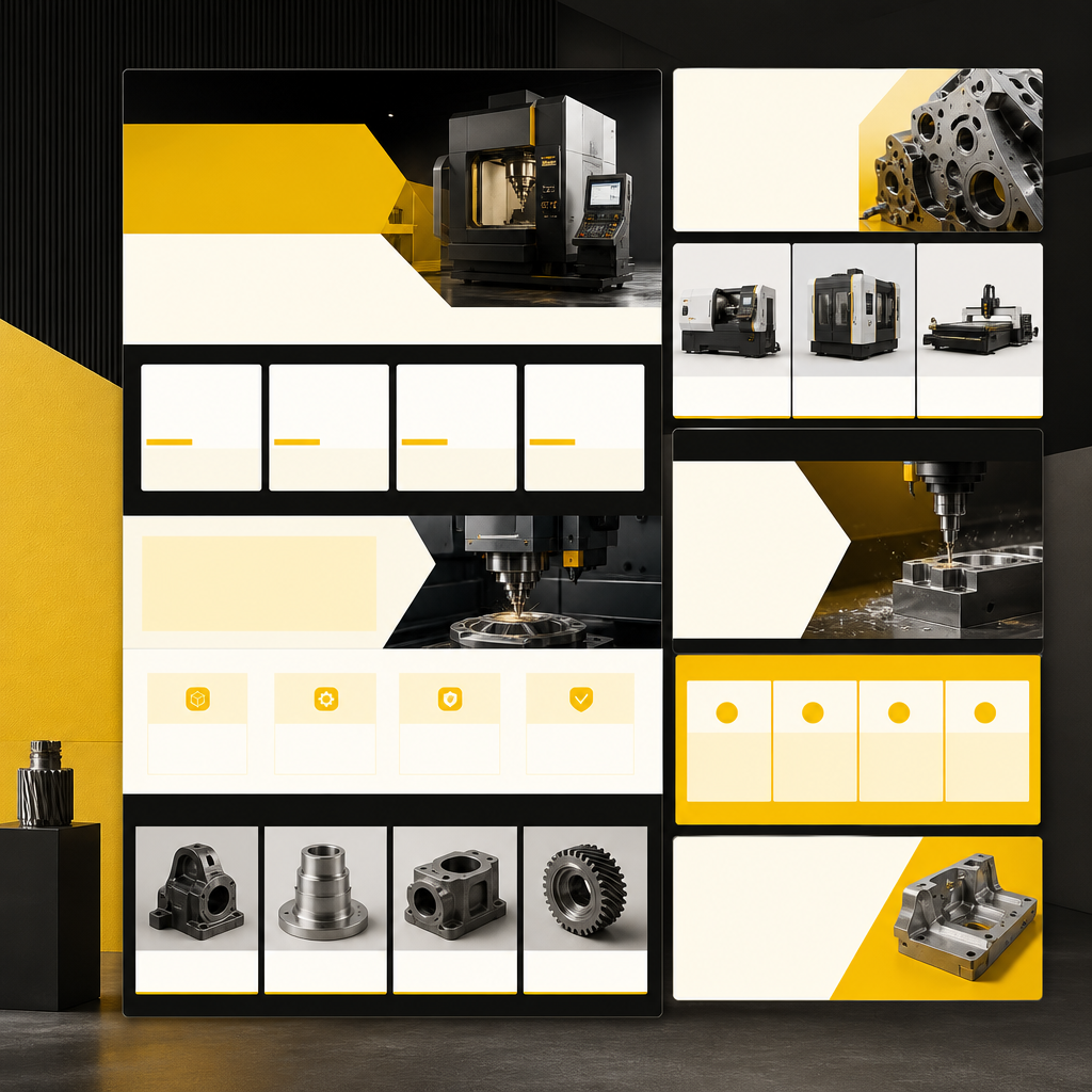 A premium manufacturing website layout concept with modular sections and structured catalog blocks shown in warm gold and near-white tones, with no readable text.