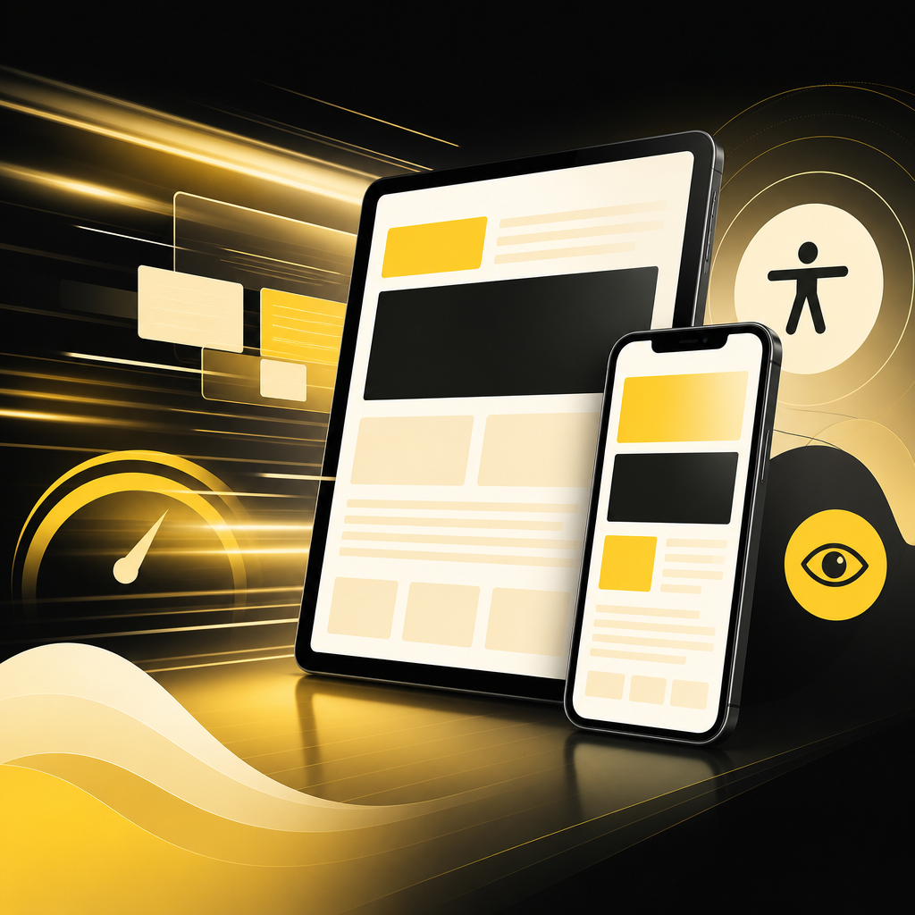Abstract tablet and phone devices showing fast responsive layout blocks and accessible design cues in gold and near-white tones, without readable text.