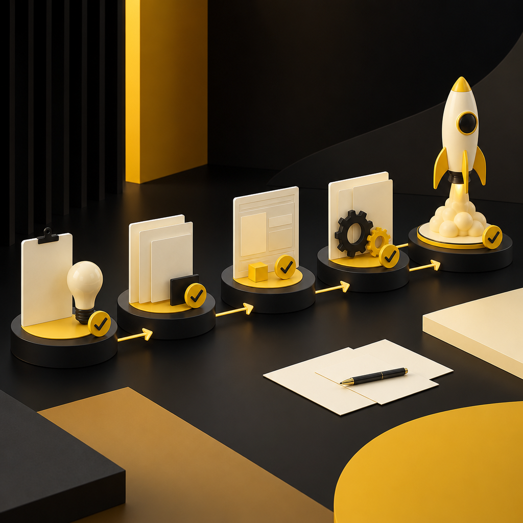 An abstract, premium roadmap showing connected development stages and blank documentation panels in gold and near-white tones, with no readable text.