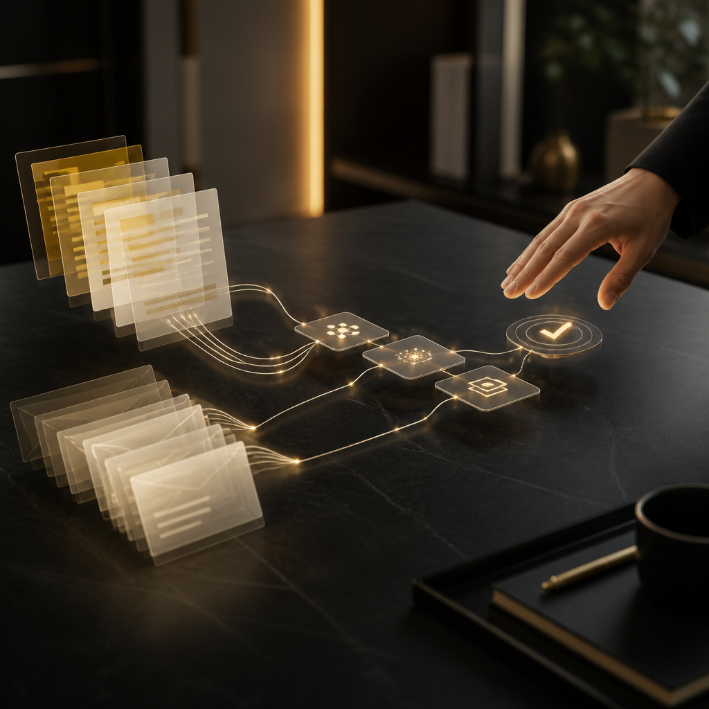 Editorial workspace scene with documents and email cards flowing through connected workflow nodes, conveying AI-driven classification, extraction, and human validation.