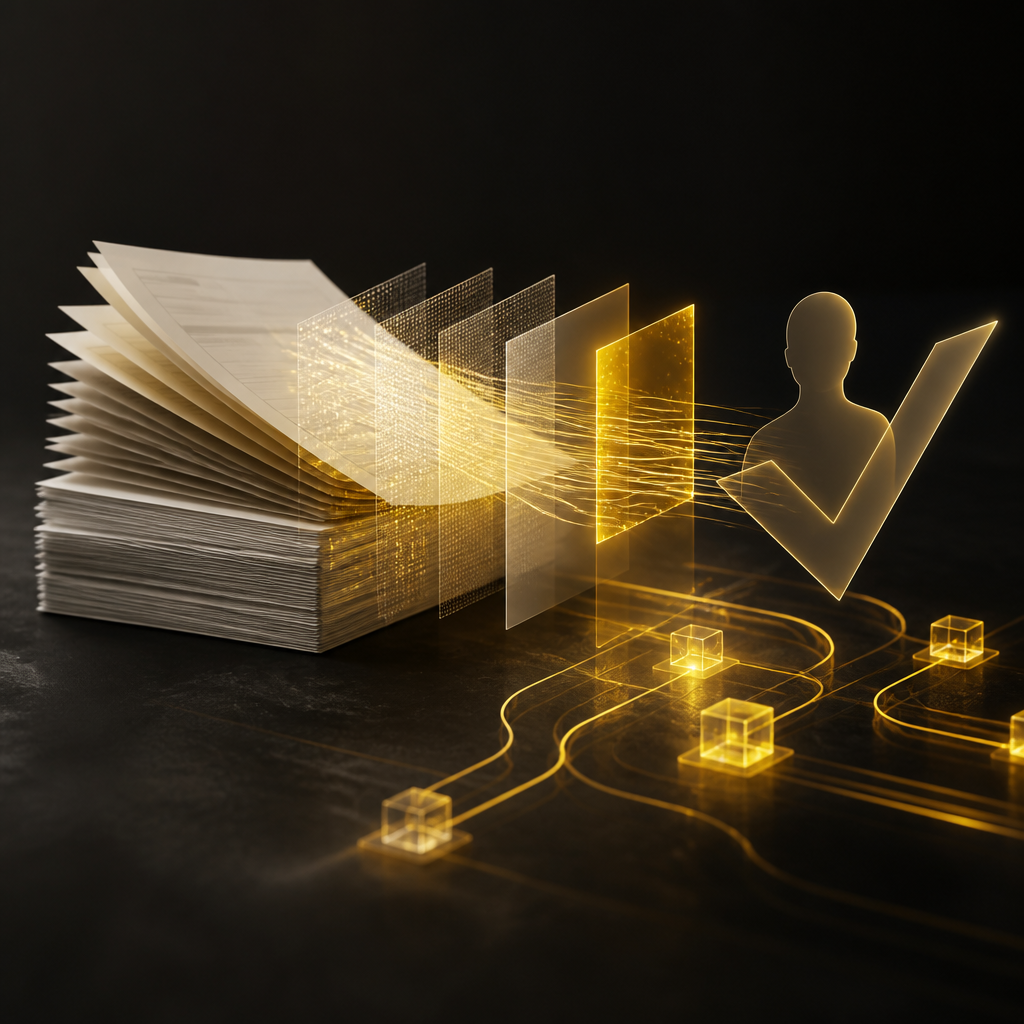 Editorial wide photograph-style scene showing abstract document processing, orchestration pathways, and a visual review cue in warm gold and near-white colors, representing core components of AI automation.