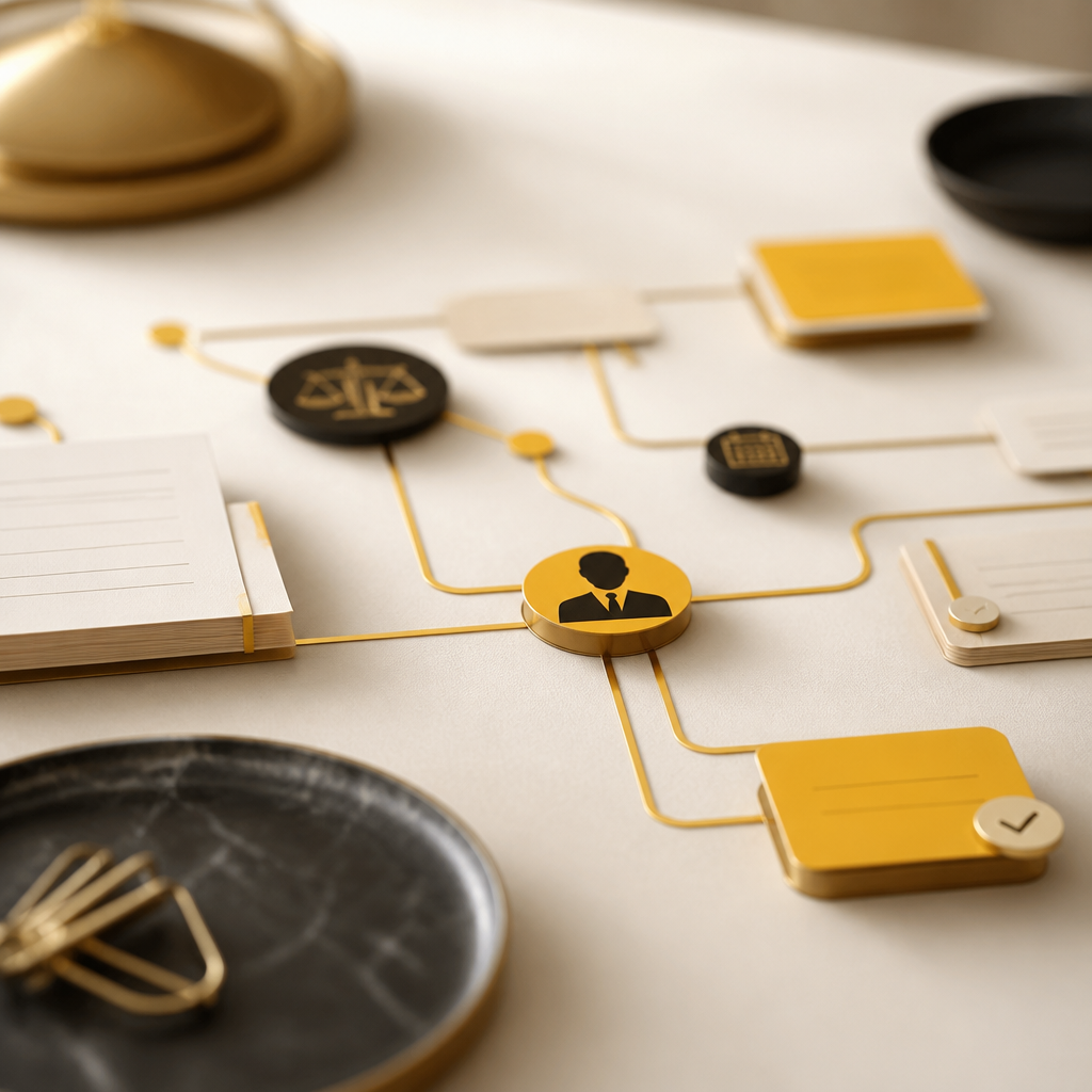 Editorial wide scene showing interconnected legal workflow components represented as abstract document and scheduling elements in warm brand colors, conveying the meaning of an AI-native law firm.