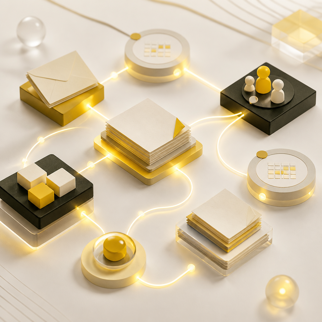 Editorial wide image showing abstract interconnected legal tools and event-trigger pathways in warm gold and near-white tones, conveying AI automation integration without replacing existing systems.