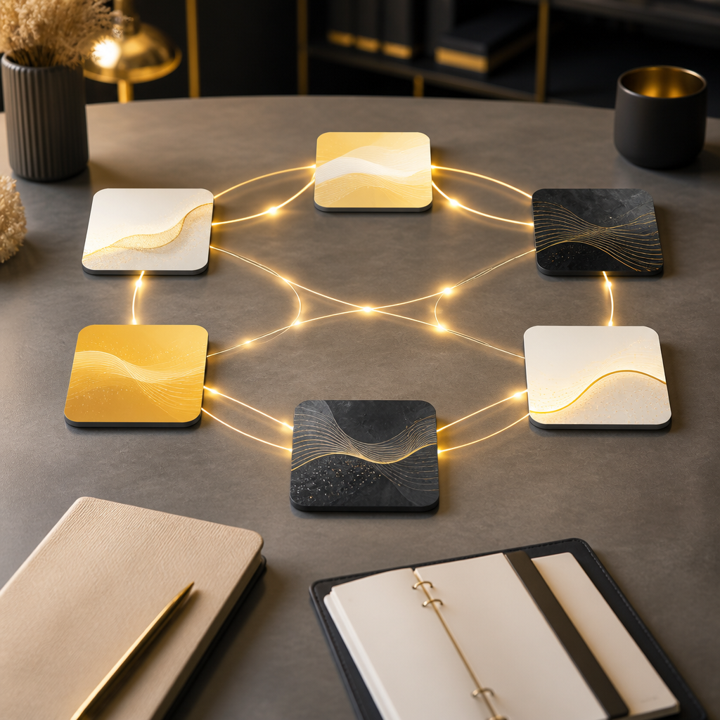 A tabletop scene with abstract workflow cards connected by glowing gold lines, representing integrations that automatically synchronize existing beauty systems.