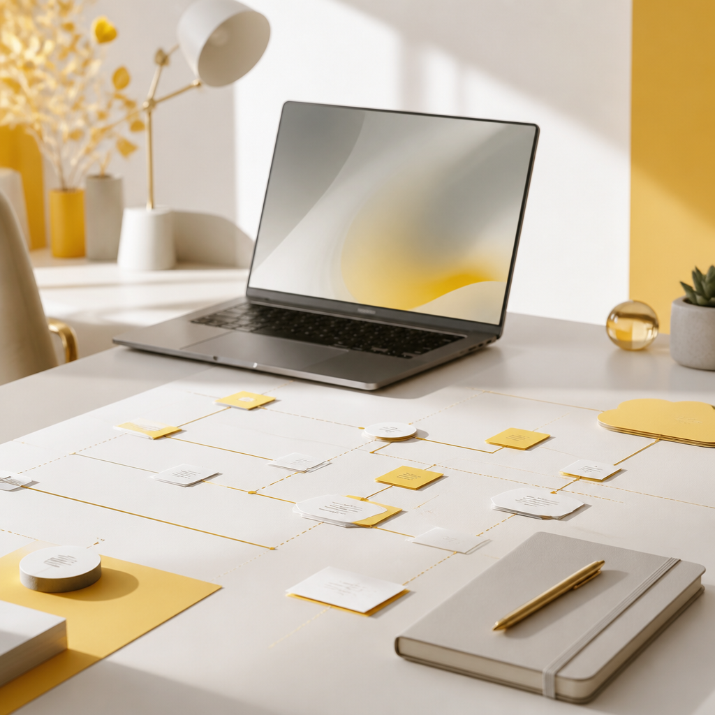 A developer workspace with abstract golden workflow lines and connected design elements, conveying custom integrations for beauty operations without visible text.
