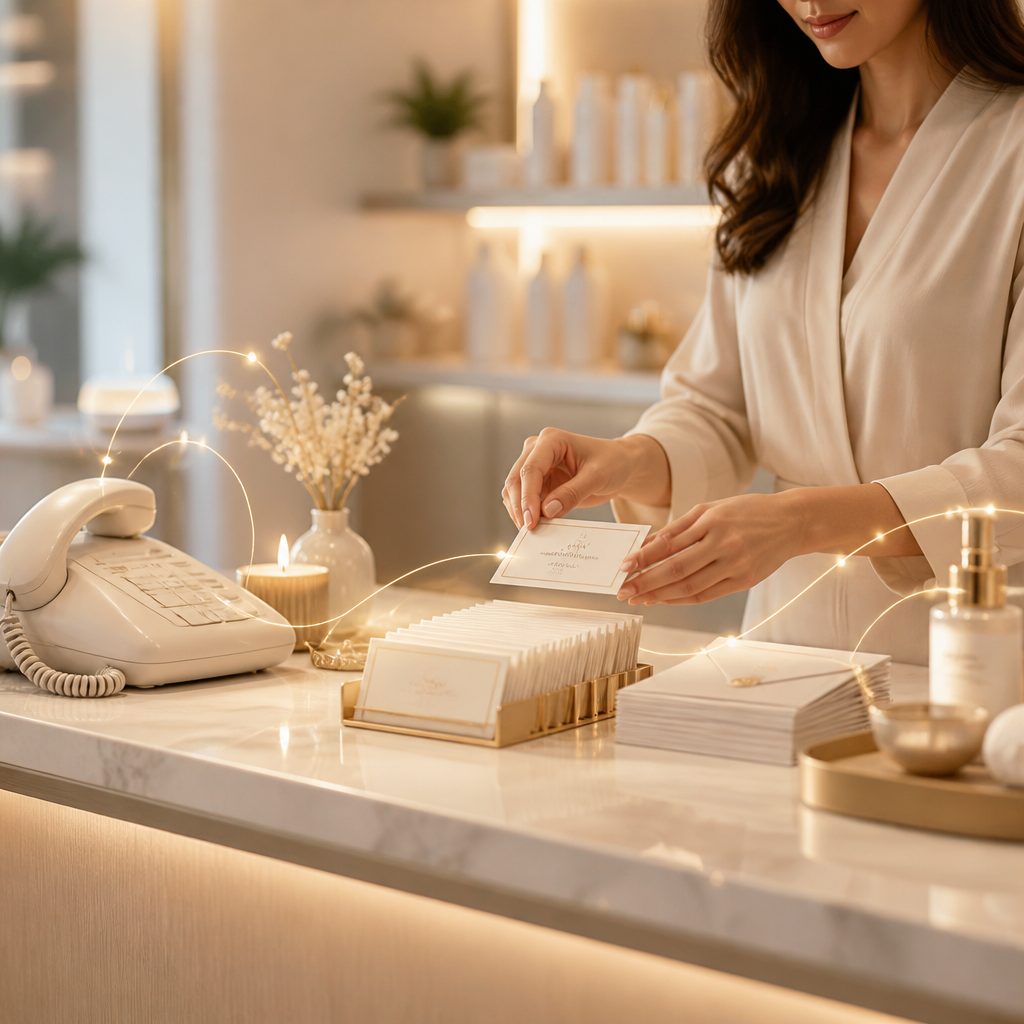 A calm beauty front-desk workspace with reminder envelopes and appointment cards under warm gold light, conveying instant response and organized follow-ups.