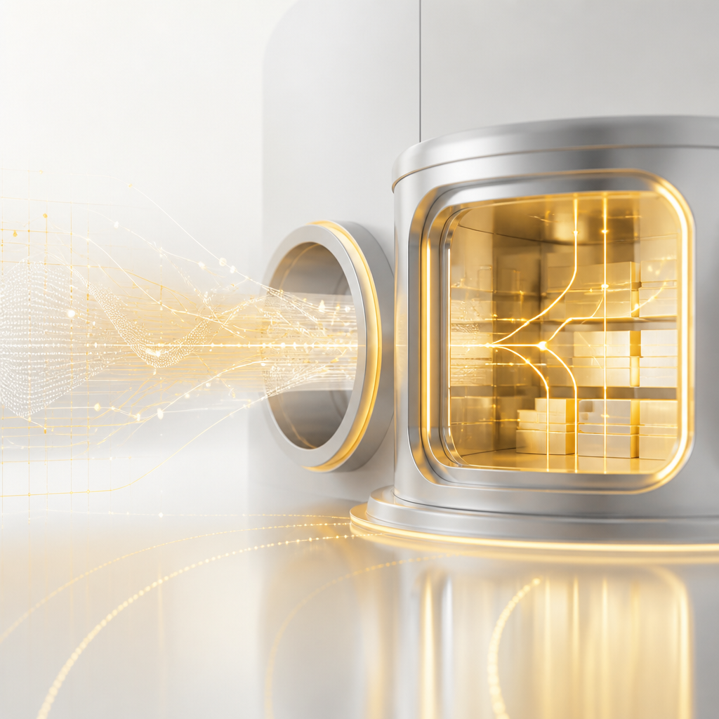 Abstract, premium healthcare security scene with glowing encrypted data pathways leading into a secure vault-like container, representing HIPAA-safe transmission and storage without readable text.