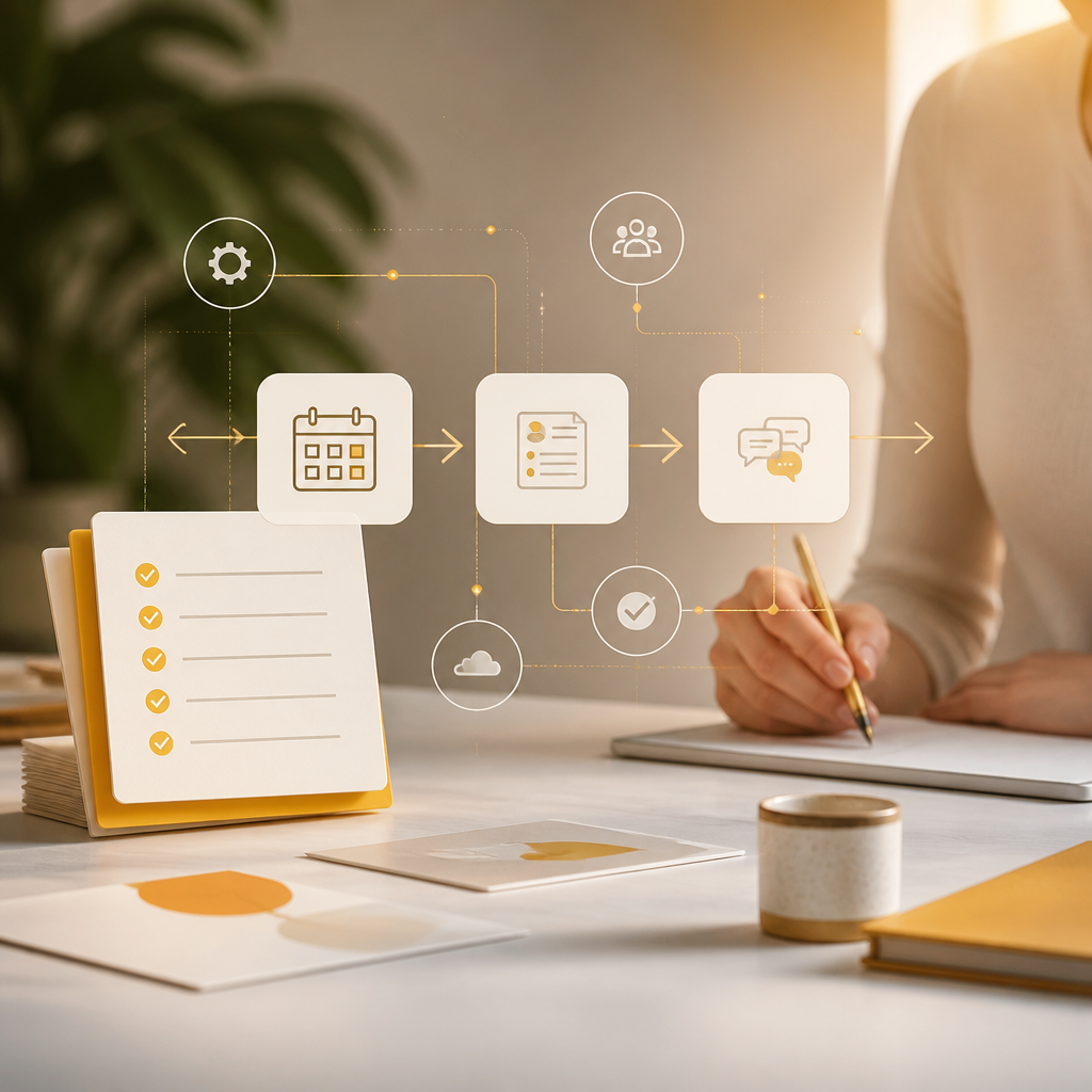 Professional workspace scene with abstract, text-free checklist cards and connecting workflow arrows representing step-by-step AI automation planning and routing decisions.