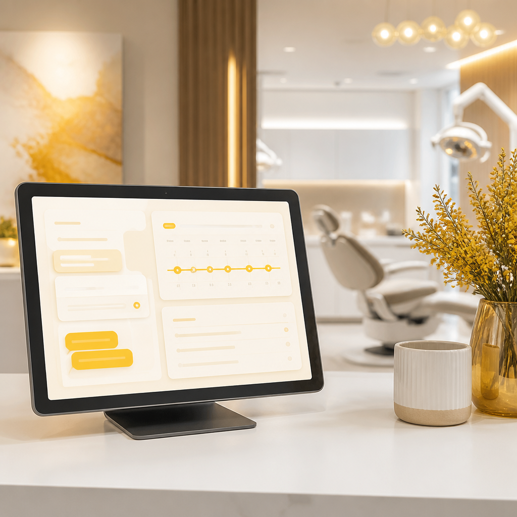 Warm, premium dental reception scene with an abstract workflow tablet and communication shapes representing appointment intake and reminders without any readable text.